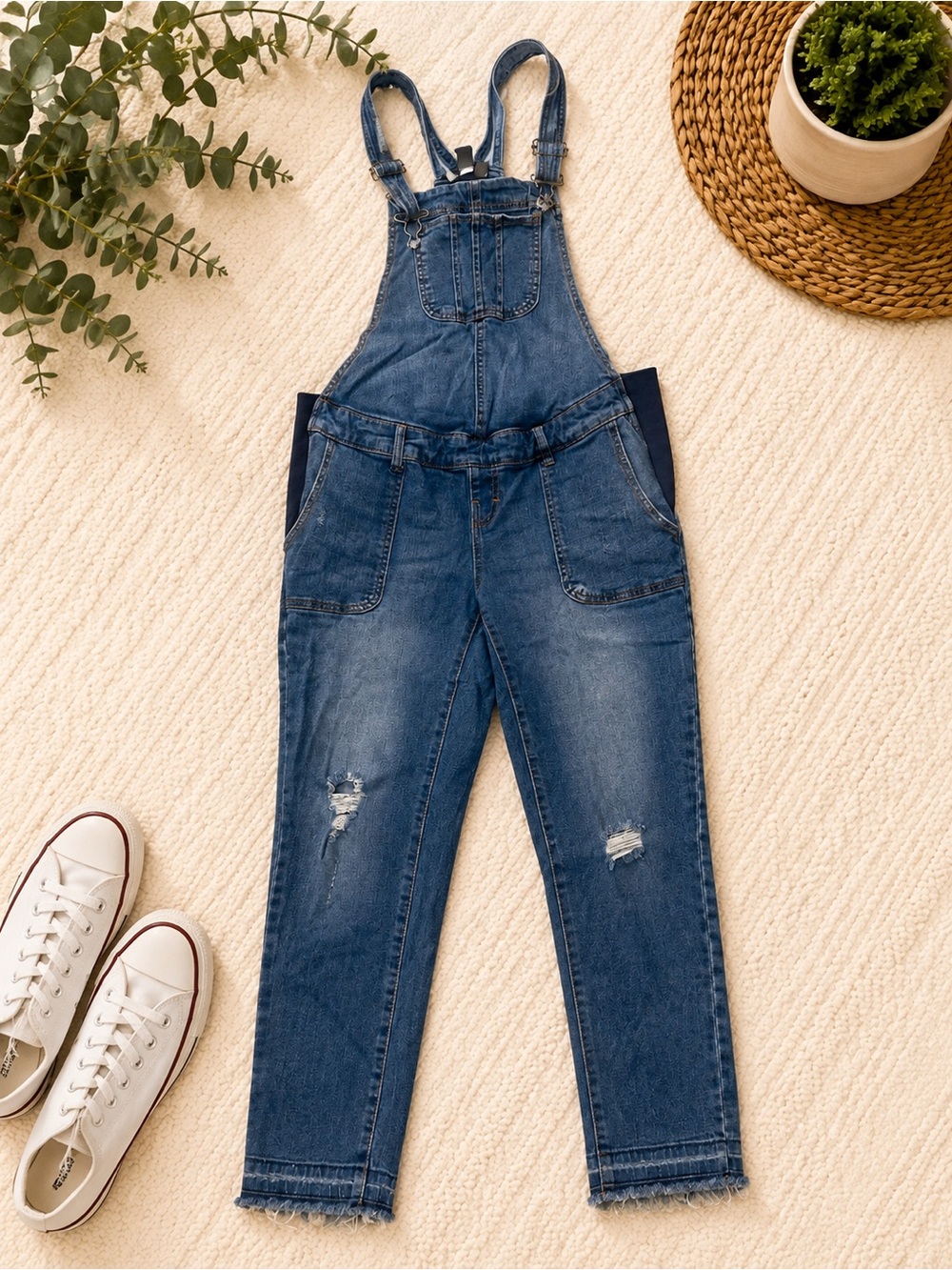 Indigo Blue Women's Distressed Denim Maternity Overalls - Dark Blue Wash